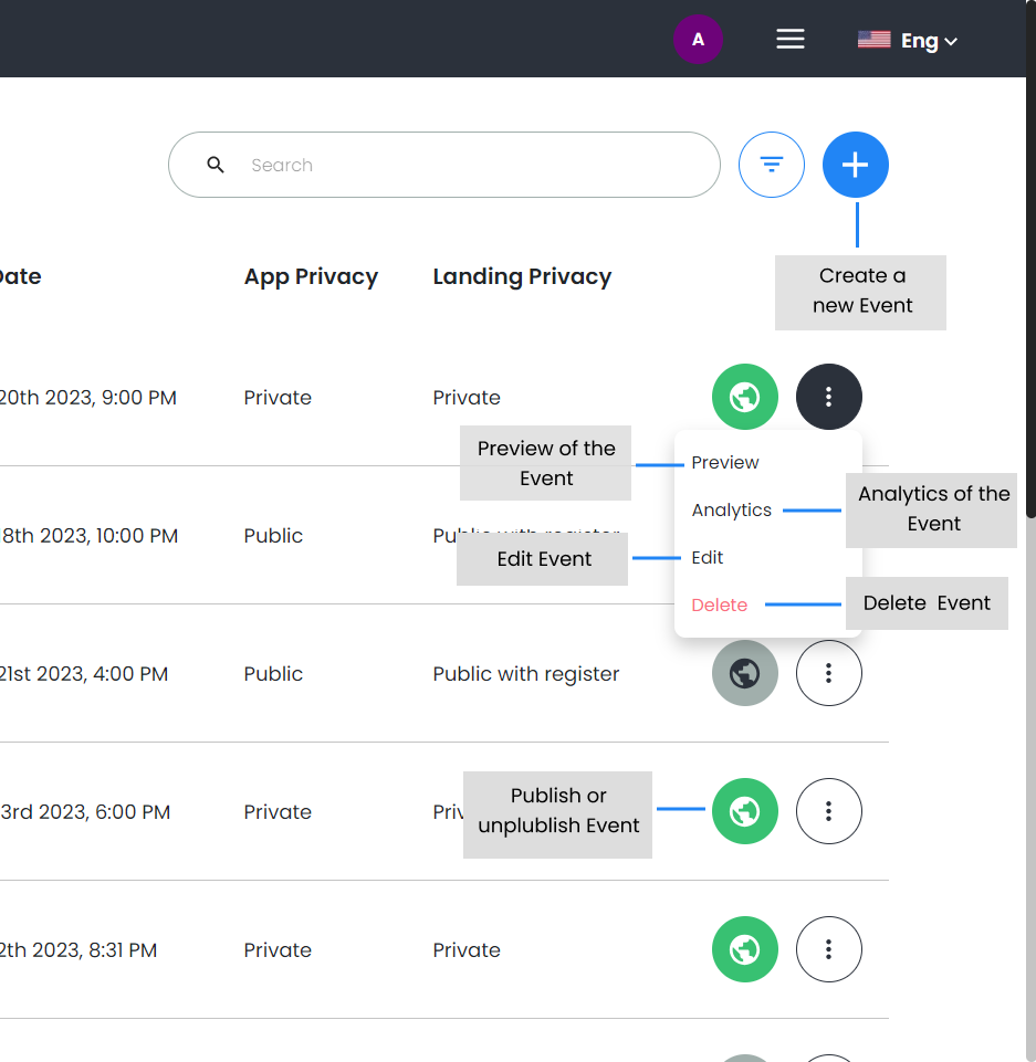 Screenshot Event Management Features