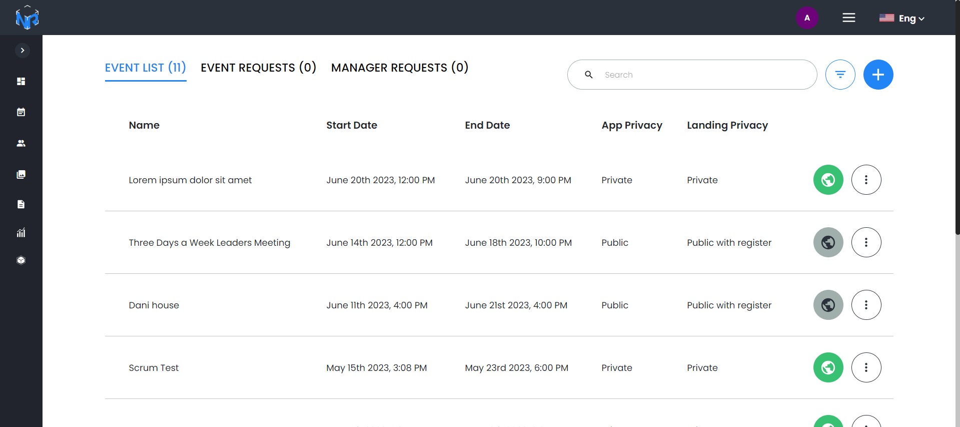 Screenshot Event Management Features