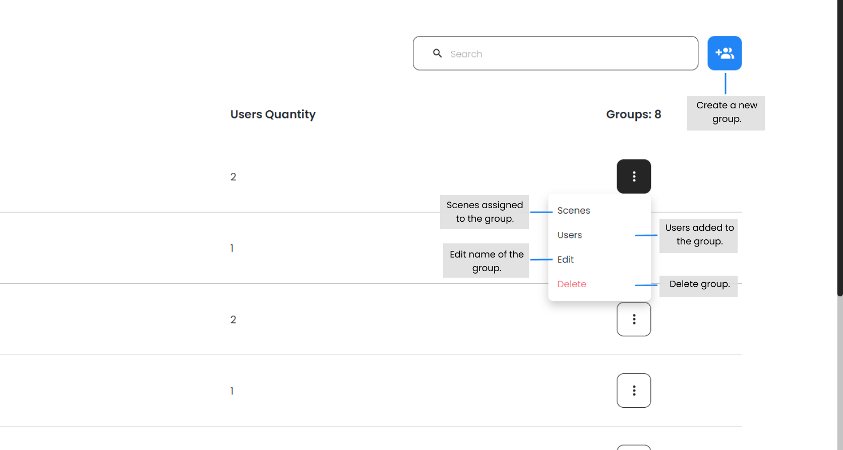 Screenshot group management dropdown features