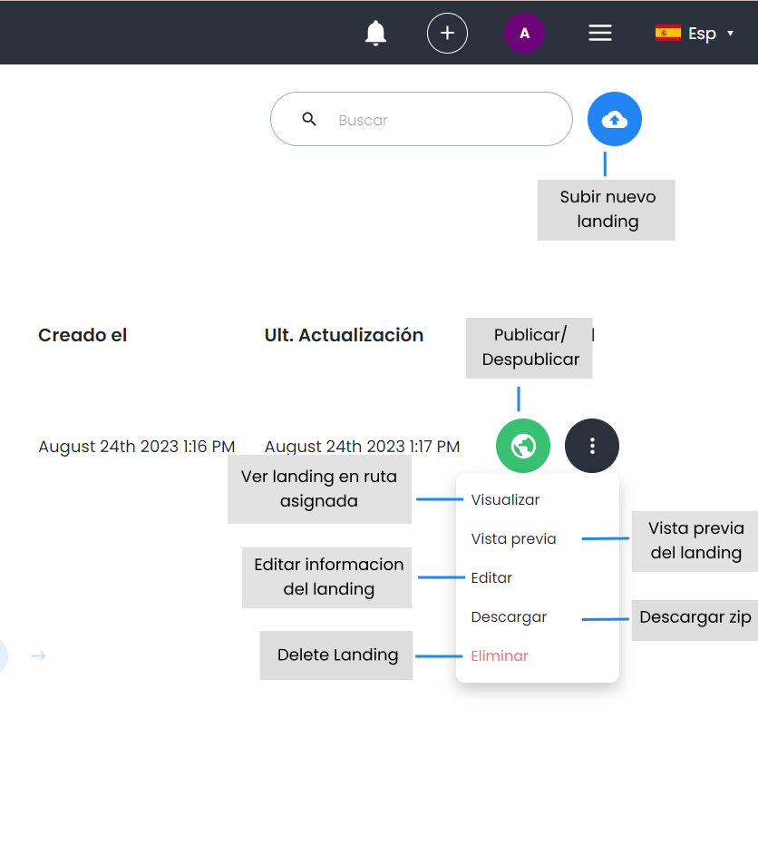 Captura de pantalla de la Gestión de landings