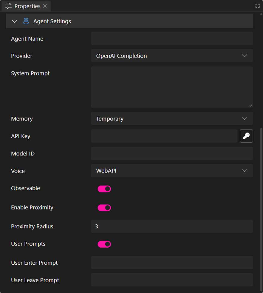 Panel de propiedades del agente de IA