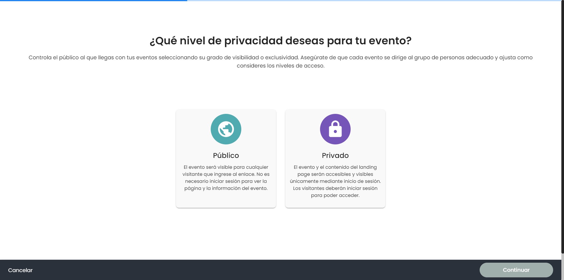 Captura de pantalla de la página de Privacidad del Evento